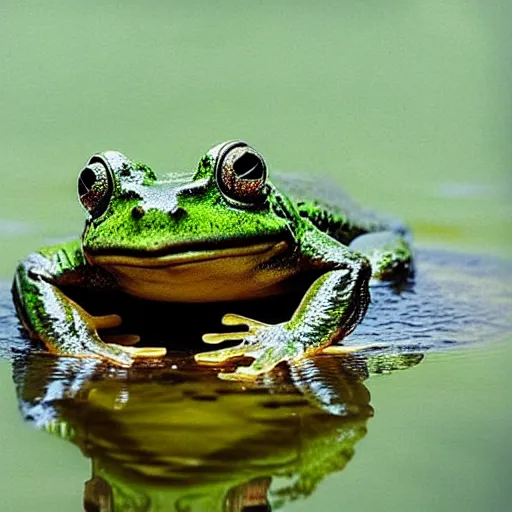 Image similar to “semitranslucent smiling frog amphibian floating over misty lake waters in Jesus Christ pose, low angle, long cinematic shot by Andrei Tarkovsky, paranormal, spiritual, mystical”