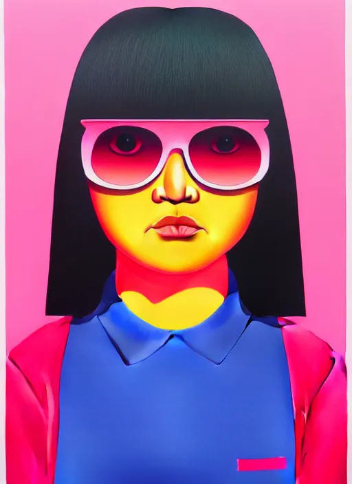 Image similar to cute girl with shades by shusei nagaoka, kaws, david rudnick, airbrush on canvas, pastell colours, cell shaded, 8 k