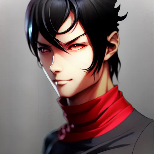 Image similar to anime portrait of a slick black hair guy with red eyes by stanley artgerm lau, wlop, rossdraws, james jean, andrei riabovitchev, marc simonetti, and sakimichan, trending on artstation