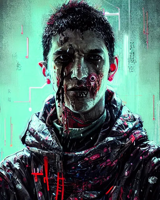 Image similar to detailed portrait, corrupt, virus, zombie, rain, cyberpunk futuristic neon, reflective puffy coat, decorated with traditional japanese ornaments by ismail inceoglu dragan bibin hans thoma greg rutkowski alexandros pyromallis nekro rene maritte illustrated, perfect face, fine details, realistic shaded, fine - face, pretty face