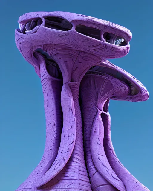 Image similar to detailed painting giant alien tower carved out of complex bone with royal purple quartz rendered in cinema 4 d octane