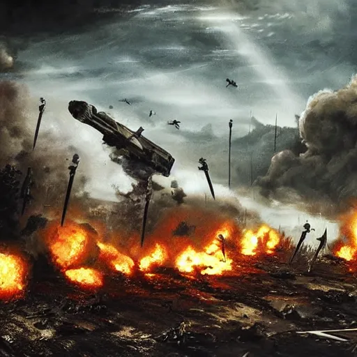 Image similar to hyper realism, realistic apocalyptic war scene, explosions