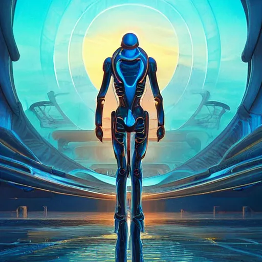 Prompt: aquatic alien in mechanical exoskeleton designed by jony ive in cybercity, golden hour, poster by michael whelan and gilbert williams and evgeny lushpin and artgerm and alena aenami, 3 0 mm, well proportioned, highly detailed, rule of thirds, long exposure