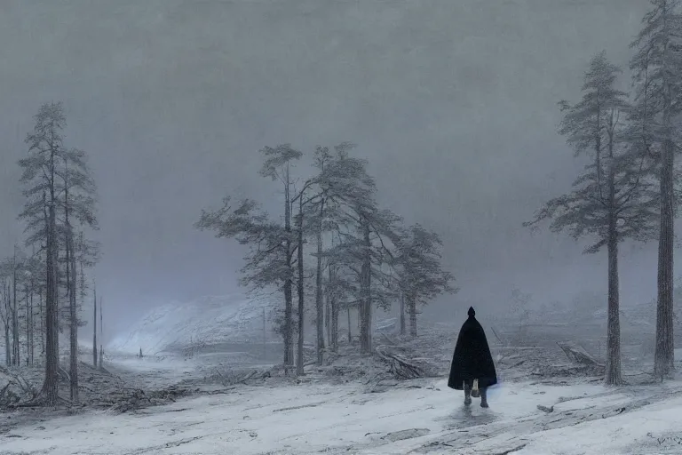 Prompt: A cloaked wanderer walking by the burnt husk of a cabin in a snowy landscape, matte oil painting, fantasy, exquisitely detailed, gothic, by Caspar David Friedrich and Makoto Shinkai