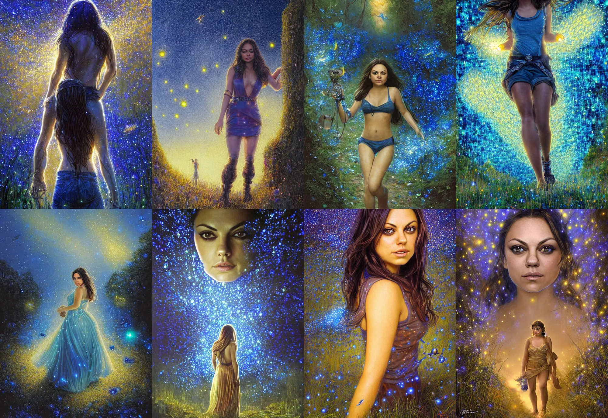 Prompt: beautiful portret of mila kunis as a robot walking through blue glowing fireflies, epic vista dark ruins castle stones, 2 0 0 mm focal length, sundown, golden hour firefly wisps, steve hanks, charlie bowater, steve henderson, justin gerard, mark keathley, victor nizovtsev, ross tran, wlop, hajime sorayama