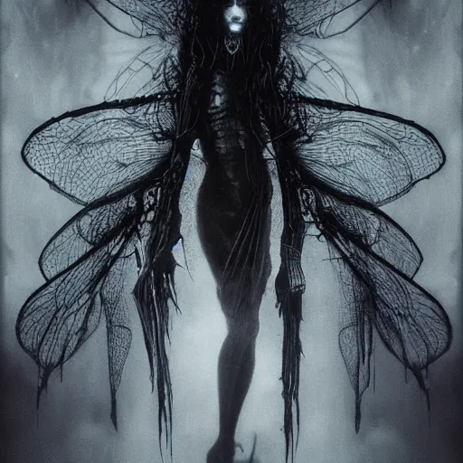 Prompt: cyberpunk tentacle beautiful wispy feminine entity with dragonfly wings, dark eerie photo, photo pic taken by beksinski gammell giger mcfarlane