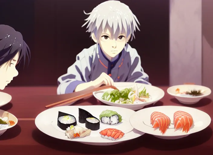 Image similar to a film still portrait of a plate with different kinds of sushi, finely detailed features, closeup at the food, perfect art, at a dinner table, gapmoe yandere grimdark, trending on pixiv fanbox, painted by greg rutkowski makoto shinkai takashi takeuchi studio ghibli, akihiko yoshida