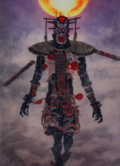 Image similar to portrait of a diabolical cyborg clown samurai kabuki with a flamethrougher, torn cape, dynamic pose, glowing eyes, ancient ruins, glowing veins subsurface scattering, in clouds, sunset, portrait, by gerald brom, by mikhail vrubel, by peter elson, muted colors, extreme detail, reflections, trending on artstation, 8 k