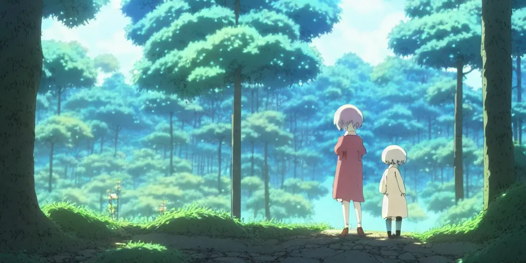 Image similar to the girl and the misty morning. anime visual of a cozy village in a magical forest. calm and peaceful mood. atmospheric. illustrated by hayao miyazaki. anime production by studio ghibli. high quality, visually stunning, majestic, fall, official media