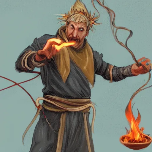 Image similar to concept art of a sorcerer casting a fire spell, dramatic