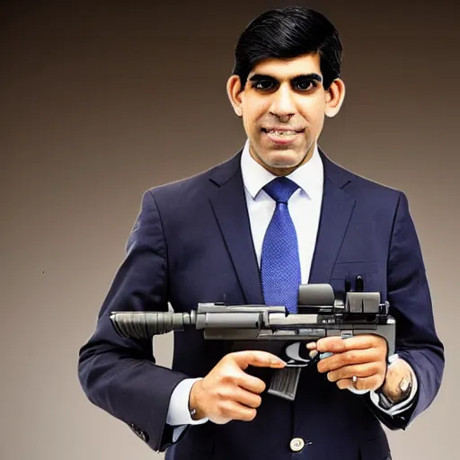 Prompt: Medium shot photograph of Rishi Sunak politician holding an AK-47, 8k, ultrahd