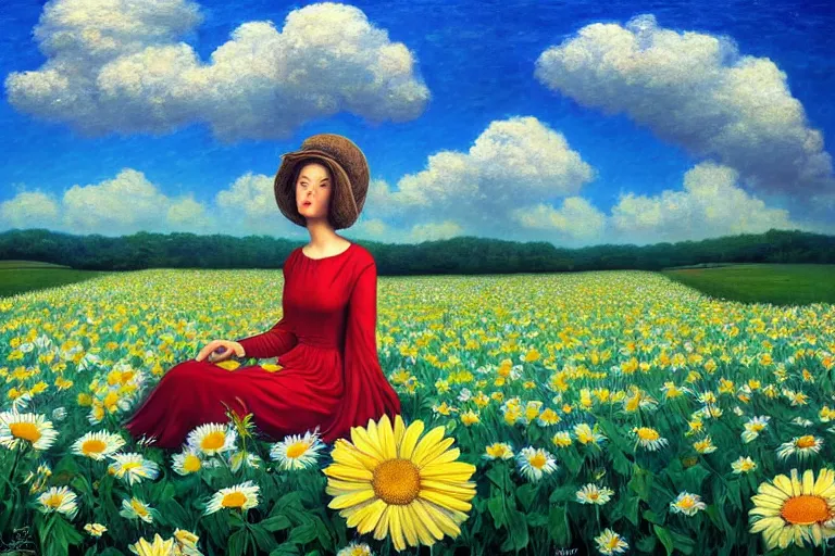 Image similar to giant daisy flower head, woman sitting, surreal, clouds in sky, impressionist painting, digital painting, artstation, rob gonsalves