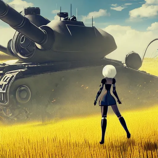 Image similar to a very high resolution image from nier : automata, featuring 9 s android fighting a t 3 4 tank in yellow rye field under pure blue skies