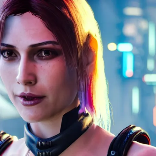 Image similar to female V from Cyberpunk 2077 wearing spiked choker, collar, 4K