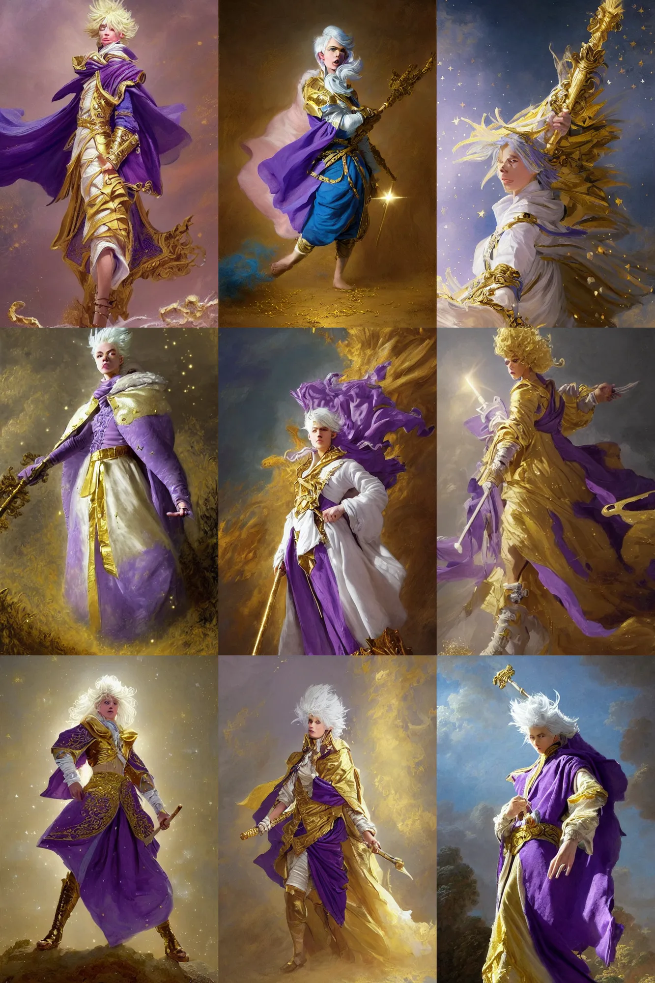 Prompt: a paladin with light white hair and a gold scarf, windy, cape, purple and blue ribbons, stars, stoic, modern maximalist fashion dress, is ( ( holding a staff ) ). light dust, magnificent, hyperdetailed, theatrical, painted by jean honore fragonard and greg rutkowski