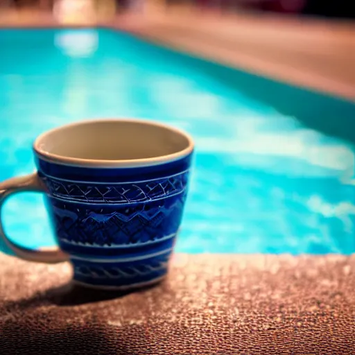 Prompt: tilt-shift photography of a swimming pool inside of a coffee mug, 8k, highly detailed, realistic