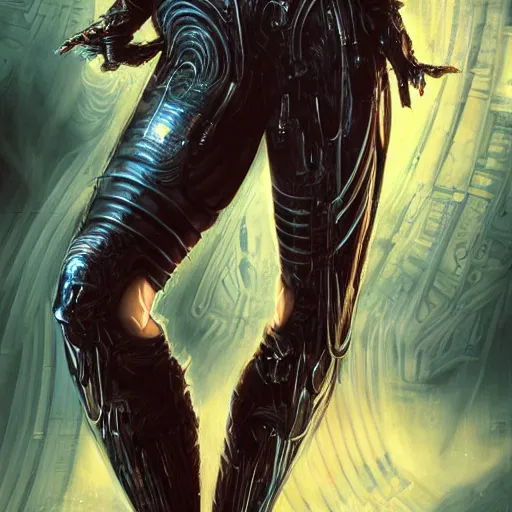 Image similar to a full body beautiful woman wearing a cyberpunk outfit by karol bak, ayami kojima, artgerm, sakimichan, hr giger, blue eyes, weapons, electronics, high tech, concept art, fantasy