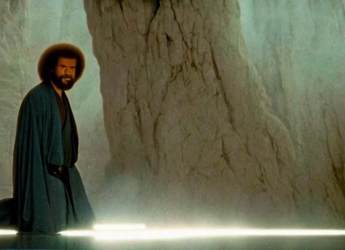 Image similar to screenshot of Bob Ross kneeling before the larger than life glowing blue spirit of qui gon jinn at a hazy lit ancient Jedi cathedral, screenshot from the 1970s star wars thriller directed by stanley kubrick, Photographed with Leica Summilux-M 24 mm lens, ISO 100, f/8, Portra 400, kodak film, anamorphic lenses