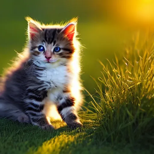 Prompt: cute fluffy [[multi-colored]] kitten outside in the front yard grass at sunset on a beautiful summer day, ocean in the distance, highly detailed
