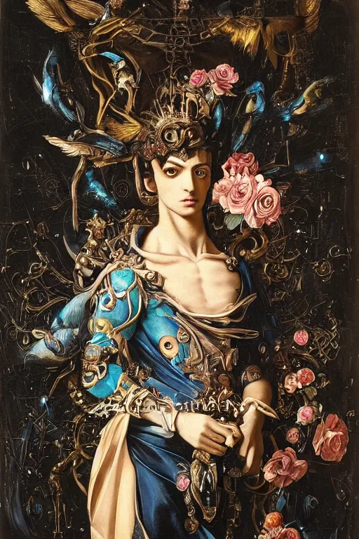 Image similar to full-body baroque and cyberpunk style sculpture of a young handsome Spanish prince half android with a chest opening exposing circuitry and blue electric sparks, glowing pink laser eyes, crown of peach roses, flowing teal-colored silk, fabric, flowers. baroque elements, human skull. full-length view. baroque element. intricate artwork by caravaggio. many many birds birds on background. Trending on artstation, octane render, cinematic lighting from the right, hyper realism, octane render, 8k, depth of field, 3D