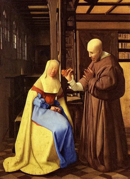 Prompt: beautiful woman with very light eyes in a library holding her wounded finger, a man is touching the wounded finger, medieval painting by Jan van Eyck, Johannes Vermeer