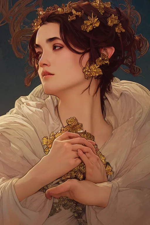 Image similar to close up portrait of goddes of laurel, digital illustration, dramatic lighting, by artgerm and greg rutkowski and alphonse mucha