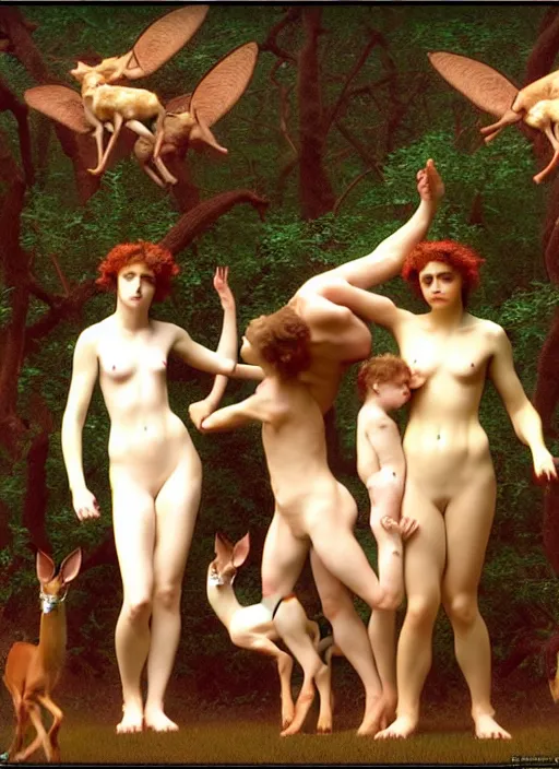 Image similar to photo of a pagan nymps dancing with fawns having a profound lifechanging psychedelic experience in a deep thorns bones bloody forest , by william-adolphe bouguereau and Austin Osman Spare and Takato Yamamoto, high resolution, rendered in octane 3d