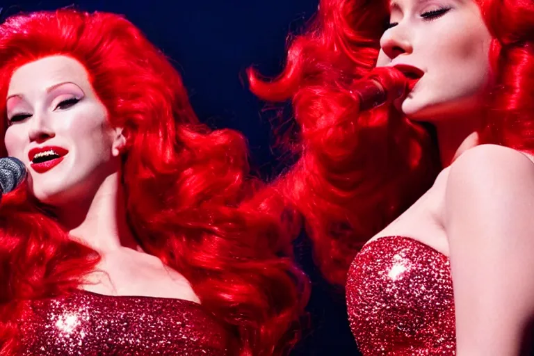 Image similar to movie scene portrait closeup, red hair, red sequin dress, real life jessica rabbit singing beautifully on stage, stage lighting by emmanuel lubezki