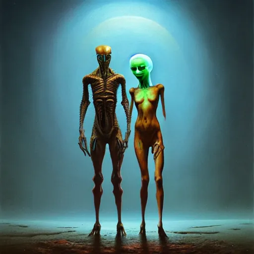 Image similar to alien man with alien woman, full body portraiture, painted by beksinski, 4 k, intricate details, unreal engine, dynamic lighting