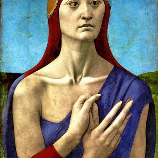 Image similar to half - length portrait of beautiful witch circe in the odyssey, art by piero della francesca, giotto, leonardo da vinci