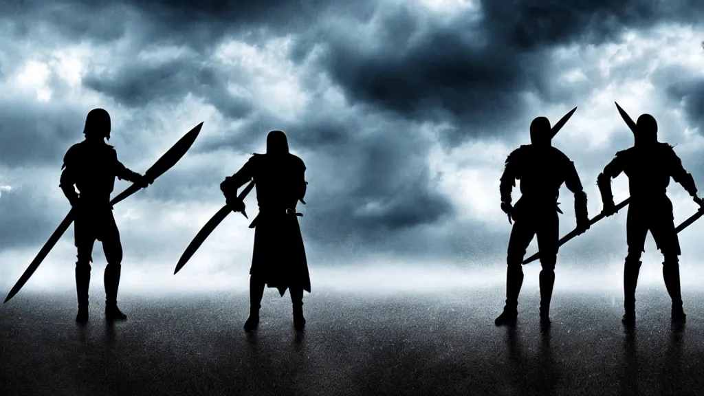 Image similar to two warriors holding swords standing looking up at a villain silhouette thunder lighting storm heavy rain dark clouds