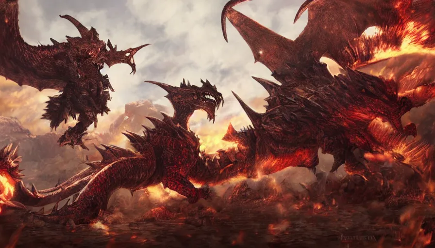 a fight between a Rathalos and Diablos, Monster, Stable Diffusion