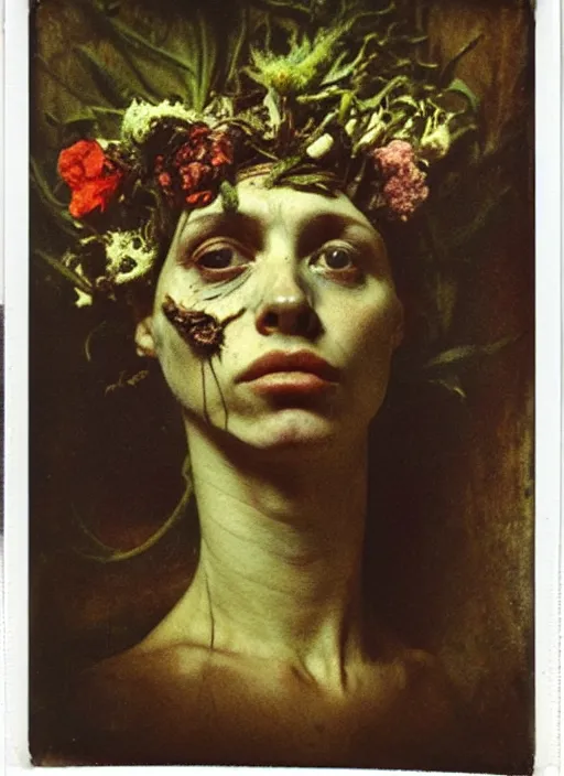 Image similar to beautiful and detailed rotten woman made of plants and many different types of flowers, muscles, intricate, organs, ornate, surreal, john constable, guy denning, gustave courbet, caravaggio, romero ressendi 1 9 1 0 polaroid photo