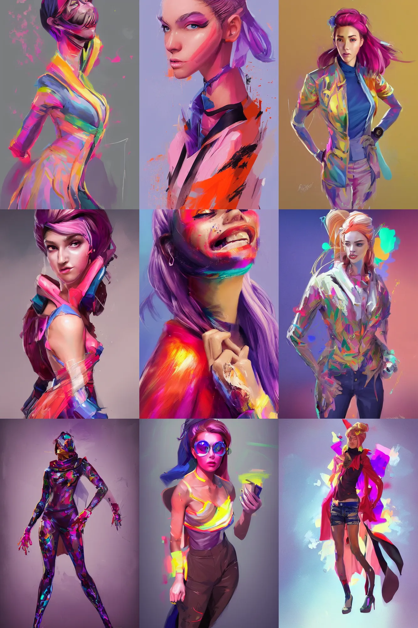 Prompt: a full body digital painting concept art portrait of a single young woman dressed in stylish garish clothing with face and body clearly visible by artgerm and greg rutkowski, fornite, valorant, high quality, happy mood, artstation trending, vibrant colours, no crop, no helmet, no headgear, entire character, blank background, face visible, realistic proportions SFW,