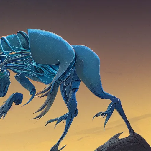 Image similar to concept art painting of an alien animal creature, detailed, cel shaded, in the style of makoto shinkai and moebius and james gurney