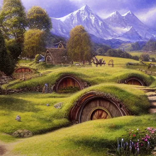 Image similar to beautiful serene hobbiton, by alan lee, lord of the rings, smooth, detailed terrain, oil painting, matte painting concept art, trending on art station