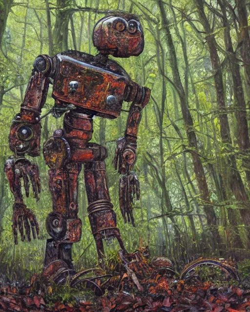 Image similar to detailed oil painting of a decayed, rusty, robot, covered in moss, in a forest, painted by Greg Rukowtski, sunlight