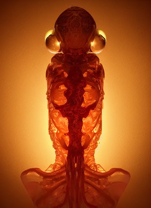 Prompt: subsurface scattering, organic cyborg made of soft wax, cgsociety, translucent, organic squid and ceramic art nouveau swirls, golden orbs, colored smoke, in the style of alberto seveso and ruan jia and beeple and giger, mystical colors, back light, rim light, dramatic lighting, 8 k, stunning scene, raytracing, octane render