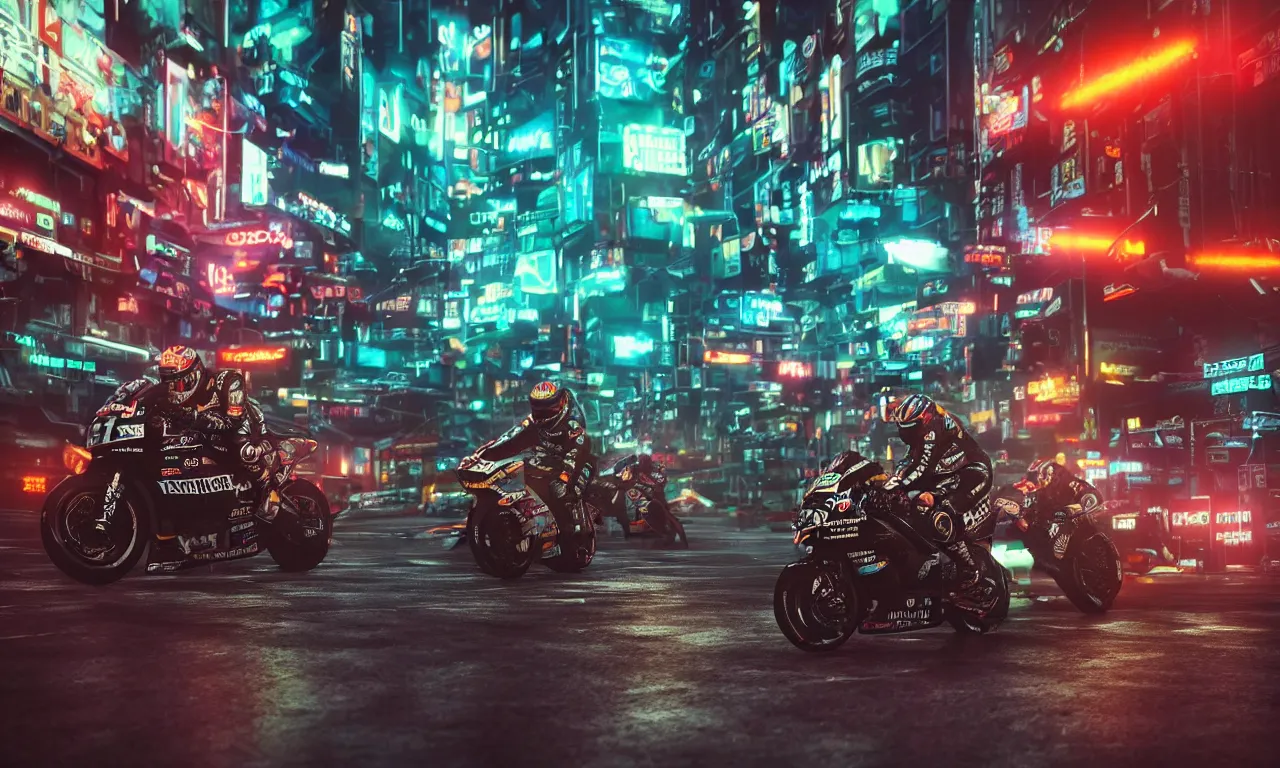 Image similar to insanely moody cinematic render of motogp race on street of a cyberpunk city, motion blurred background, speed, teal and orange colors, vaporwave, photorealism, cinema still, photography, octane 3 d, vray render, insane details, 8 k high definition, artstation