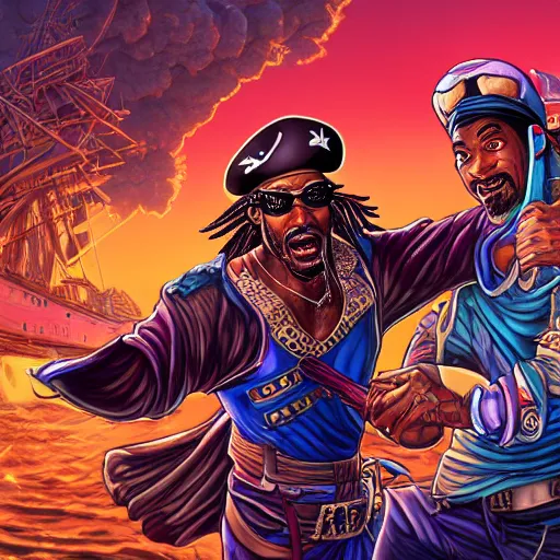 Prompt: chris rock dressed as a pirate and will smith dressed as a ninja, by dan mumford and ross tran, cosmic, terrifying, demon rays, intricate detail, cinematic, 8 k, cel shaded, unreal engine, featured on artstation, pixiv