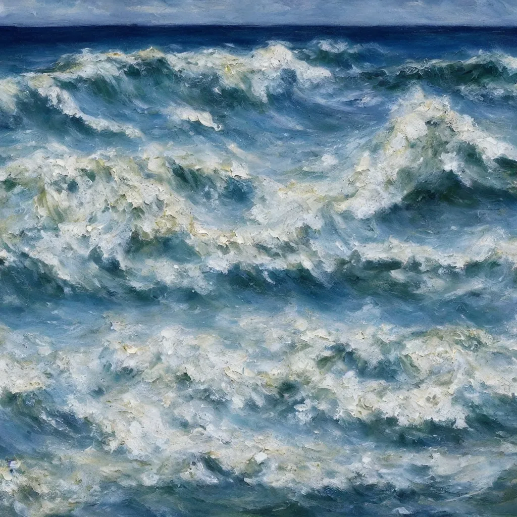 Prompt: beach scene with large waves crashing down, the water and waves and sea foam painted in very thick impasto