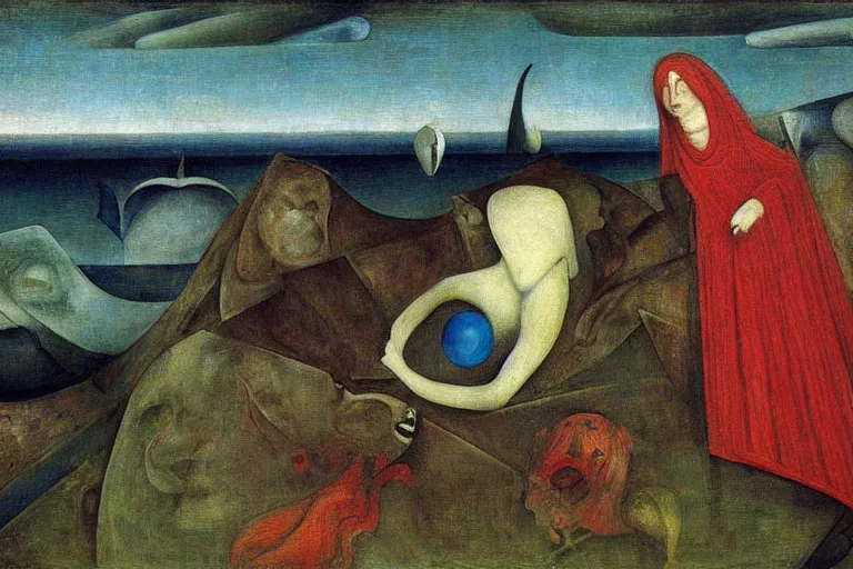 Image similar to the wake of the unseen object,by Leonora Carrington and William Dyce and ford madox brown, symbolist, dramatic lighting, elaborate geometric ornament, cool blue and green colors, Art Brut, smooth, sharp focus, extremely detailed