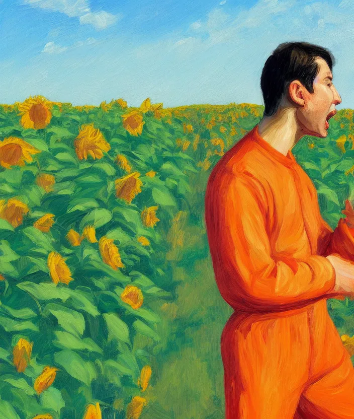 Image similar to a closeup portrait of a man in an orange prisoner overall, standing in beautiful sunflower field, screaming and sad, highly detailed, aesthetic stars in the sky, in the style of edward hopper, very fine brush strokes, 4 k,
