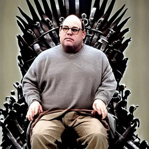 Prompt: George Costanza from Seinfeld sitting on the iron throne from Game of Thrones