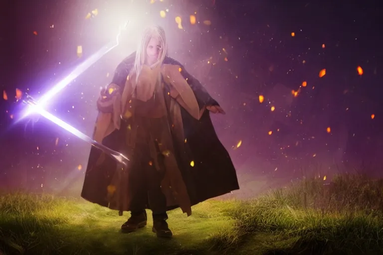 Image similar to a young adult wizard with very realistic face and hair points their wand from which a blast of bright magic flies from the end, on an empty moonlit hill, dramatic lighting, lens flare, cinematic photography