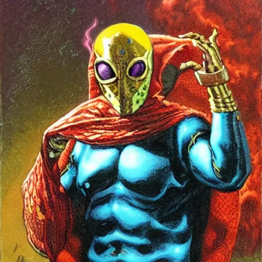 Prompt: Mysterio drinking tea, artwork by Earl Norem,