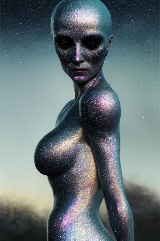 Prompt: pearlescent black lilith!, crashes the night sky, covered in iridescent glitter!!, raining ash, fine art masterpiece, highly detailed dino valls wayne barlowe machiej kuciara, cinematic lighting, long shot, side angle, uhd 8 k, sharp focus