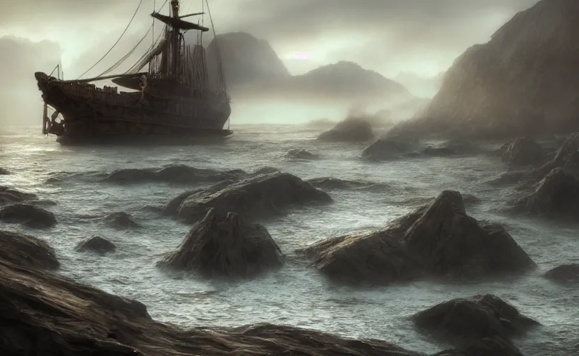 Image similar to old wooden pirate ship, directed by charlie kaufman ( 2 0 0 1 ) anamorphic lenses, a rocky shore in the foreground, foggy volumetric light morning, a beam of light from the heavens, cinematic trending on artstation in the style of greg rutkowski