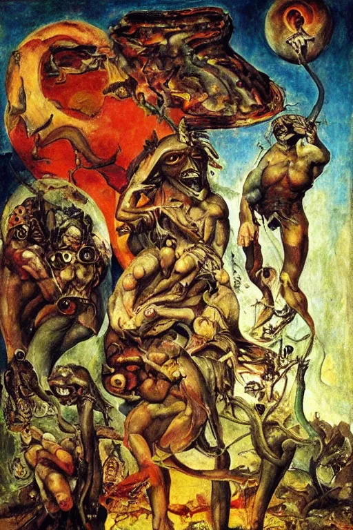 Prompt: surreal the temptation of st anthony, in a post apocalyptic hellscape, esoteric symbolism, intense emotional power, red yellow black, palette knife oil painting by peter booth, josh kirby and william blake