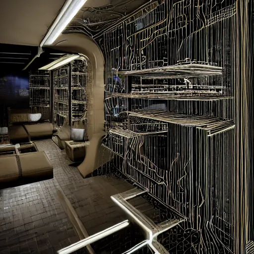 Prompt: cyborg interiors made of spaghetti